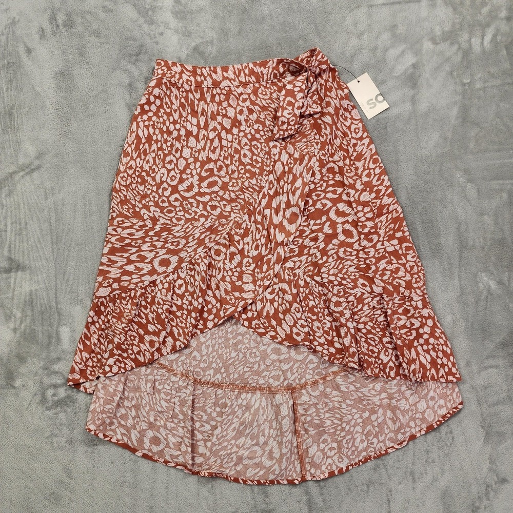 NEW SO Skirt Womens S Pink Brown Wrap Midi Leopard Ruffle Hem High Low Rayon